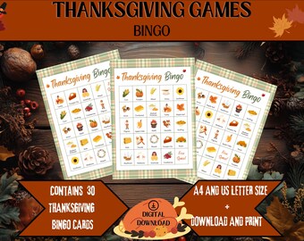 May include: Printable Thanksgiving Bingo cards with 30 different cards featuring images of Thanksgiving foods, decorations, and activities. The cards are in A4 and US letter size and are available for digital download and printing.