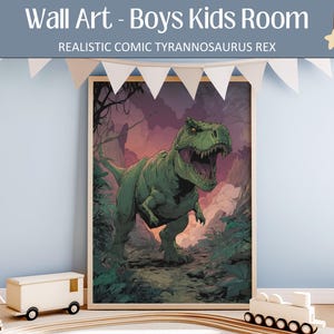 Realistic Dinosaur Wall Print, Comic Style T Rex Poster for Boys Room, Tyrannosaurus Rex Nursery Art, Watercolor Dino Decor