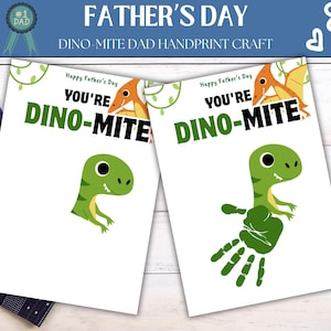 Printable Father’s Day Dinosaur Handprint Craft – You're Dino-Mite Gift from Toddler or Preschooler, DIY Keepsake for Dad