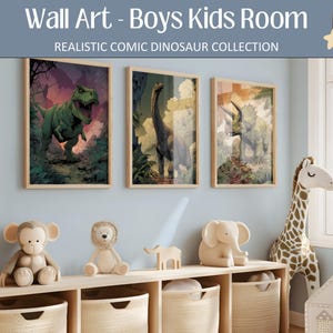 May include: Three framed dinosaur art prints with a light wood frame are displayed on a light blue wall. The prints feature a T-Rex, a Brachiosaurus, and a Triceratops. The text at the top says "Wall Art - Boys Kids Room".