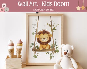 May include: A framed print of a cartoon lion on a swing in a jungle setting. The print is in a light wood frame and has a white background. The lion is brown and yellow with a light brown mane. The swing is made of rope and has a wooden seat. The jungle setting is green and lush. The text "Lion on a Swing" is printed below the image.