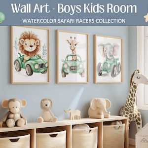 Safari Tier Rennauto Print Set: Dschungel Kinderzimmer Kunst (Set aus 3 digitalen Downloads)