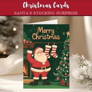Cartão de Natal surpresa de meia do Papai Noel I PDF para impressão de saudações de fim de ano | Design de lareira aconchegante e árvore de Natal | Download instantâneo