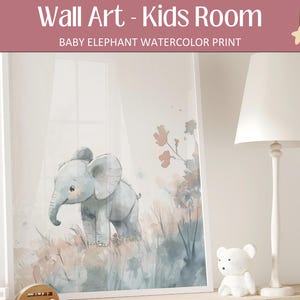 Baby Elephant Nursery Print – Safari Watercolor Wall Art for Kids Room, Jungle Animal Baby Decor, Digital Download Elephant Art