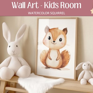Forest-Themed Squirrel Nursery Print, Watercolor Squirrel Wall Art, Woodland Baby Room Decor, Kids Room Digital Download, Playroom Artwork