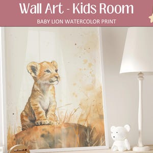 Safari Baby Lion Print – Watercolor Lion Cub Nursery Art, Jungle-Themed Kids Room Decor, Wildlife Wall Art, Instant Digital Download