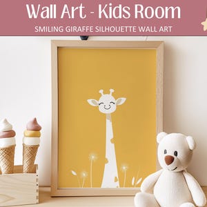 Giraffe silhouet kwekerij print, jungle muurkunst voor kinderen, safari dieren digitale poster, gele giraf kunst, genderneutraal decor kinderkamer