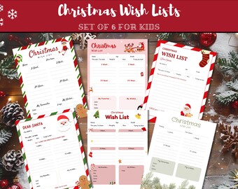 Può includere: Un set di sei fogli di liste dei desideri natalizi per bambini. Ogni foglio ha un design festivo con bordi rossi e verdi e include sezioni per scrivere i regali desiderati, le cose preferite e altro ancora. Il testo "Christmas Wish Lists" è in alto.