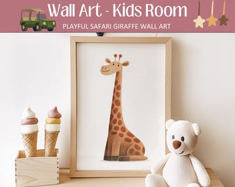 May include: A framed wall art print featuring a cartoon giraffe with brown spots and a long neck. The print is displayed with a white teddy bear and two decorative ice cream cones. The text "Wall Art - Kids Room" is at the top.