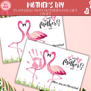 Flammazing Mom Card afdrukbaar, flamingo-thema Moederdagcadeau voor voorschoolse handafdruk of doe-het-zelf aandenken van kinderen