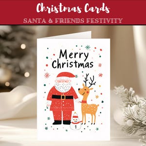 Cartão de Natal Papai Noel e Amigos I Saudação Festiva para Imprimir em PDF | Design Bonito de Papai Noel, Boneco de Neve e Rena | Download Instantâneo