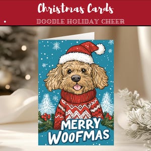 Joyeuse carte Labradoodle de Woofmas | Carte de Noël dorée de griffonnage | Vœux de Noël pour les amoureux des chiens | Carte de Noël festive pour animaux de compagnie que j'ai en téléchargement numérique