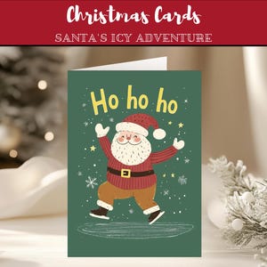Carte de Noël Aventures glacées du père Noël I voeux des Fêtes à imprimer PDF | Conception fantaisiste de père Noël en patinage sur glace | Téléchargement instantané