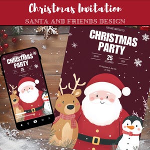 Kerstuitnodiging | Bewerkbare sjabloon | Uitnodiging kerstfeest I Canva-sjabloon I mobiele uitnodiging voor kerst I Kerstman en vrienden
