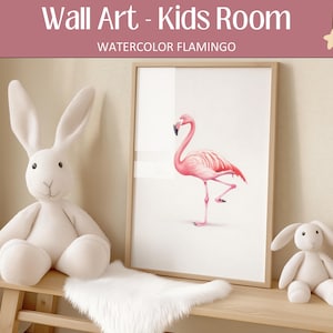 Aquarel flamingo kinderkamer kunst aan de muur, kinderkamer digitale print, tropische dieren babykamer decor, schattige flamingo afdrukbaar