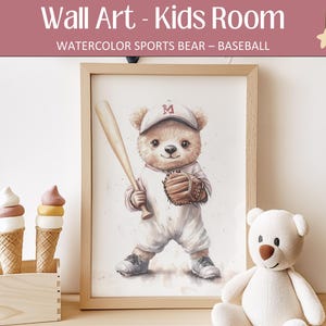 Baseball Teddy Bear Watercolor Print, Sporty Nursery Wall Art for Baby Room, Kids Baseball Room Decor, Instant Download Wall Art