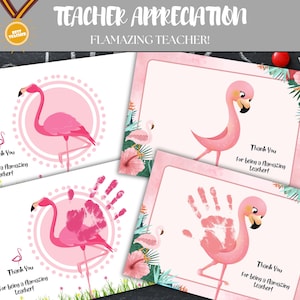 Vlammende handafdruk leraar, afdrukbare waardering leraar, eindejaarscadeau van student, doe-het-zelf leraar cadeau, flamingo handafdruk kunst