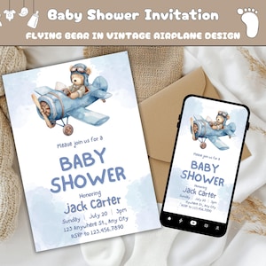 Uitnodiging babyshower blauw vliegtuig, babyjongen uitnodigen, blauwe vlieger canvas sjabloon, afdrukbare babyshower Evite, piloot beer uitnodigen