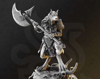 May include: A gray, detailed miniature figurine of a wolf-like creature wielding a large axe. The creature is wearing armor and stands on a rocky base with a skull.