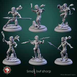 May include: Six gray painted miniature figurines of a young elf character in different poses, each holding a weapon or tool. The figurines are standing on round bases. The text "Small but sharp" is printed below the figurines.