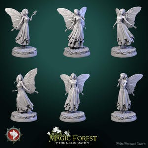 May include: Six gray fairy figurines with detailed wings and flowing dresses are displayed. Each fairy stands on a textured base. The image includes the text "Magic Forest The Green Oath" and "White Werewolf Tavern".