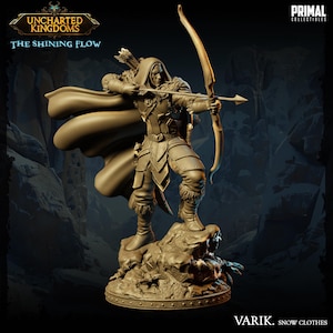 May include: A monochromatic brown figurine of an archer standing on a rocky base, wearing a hooded cloak, fur-lined boots, and armour. The archer holds a bow with an arrow drawn. Text reads: UNCHARTED KINGDOMS THE SHINING FLOW, PRIMAL COLLECTIBLES, VARIK. SNOW CLOTHES.