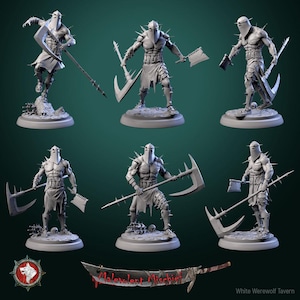 May include: Six different poses of a grey, 3D printed miniature figure of a warrior wearing a spiked helmet and holding a large axe. The figure is standing on a round base.