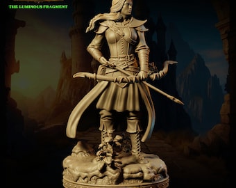 May include: A detailed figurine of a woman with long brown hair, wearing a brown leather tunic and holding a bow and arrow. She is standing on a rocky base with a green background. The figurine is part of the Uncharted Kingdoms: The Luminous Fragment collection.