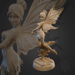May include: A beige-colored fairy figurine with detailed wings and a flowing dress. The fairy is posed mid-flight, perched on a small tree and base. The sculpture has a smooth finish and is set against a dark background.