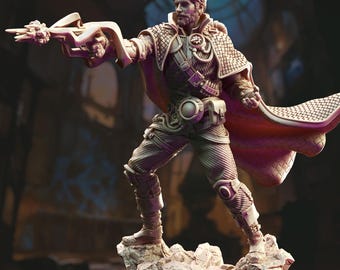 May include: A detailed miniature figurine of a male wizard wearing a brown and gold patterned cloak and holding a staff. The wizard is standing on a rocky base.