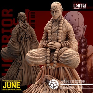 May include: A 3D printed figurine of a robotic monk in a seated meditation pose. The monk is wearing a brown robe and has a beaded necklace. The figurine is part of a series called "Zenroot Coder" and "Black Lotus Trads".