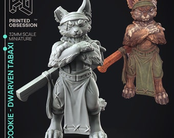 28mm Cookie the Dwarf Tabaxi Miniature by Printed Obsession Tabletop D&D Fantasy Monster Hunter Resin Printed