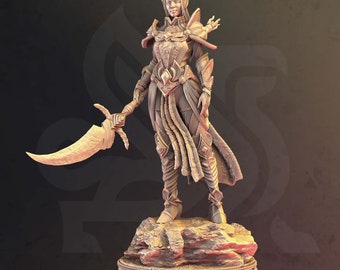 May include: A detailed miniature figurine of an elf warrior, sculpted in a light brown color. The elf is wearing armor and holding a sword. The figurine is standing on a rocky base.