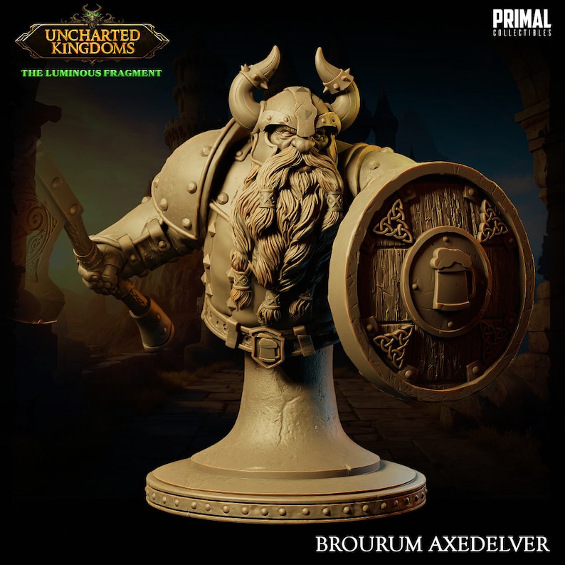 May include: A detailed bust of a dwarf warrior, sculpted in a light brown colour. He wears a horned helmet, armour, and holds a shield with a beer stein design. The bust is on a round base with a textured surface. The text "BROURUM AXEDELVER" is printed below the base.