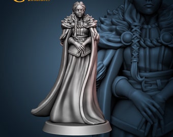 May include: A detailed, gray miniature of a woman in a long dress and cape, holding a book. The figure has long braided hair and a fur-like collar. The base is round, and the logo "Galaad Miniatures" is in the upper left corner.