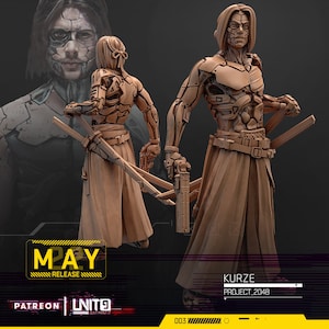 May include: A 3D printed miniature of a cyborg samurai warrior holding a sword and a gun. The figure is painted in a brown color and has a detailed design. The figure is labeled "Kurze Project 2048" and "003".