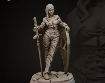 32mm Female Fighter Miniature by Galaad Tabletop D&D Fantasy Resin Printed