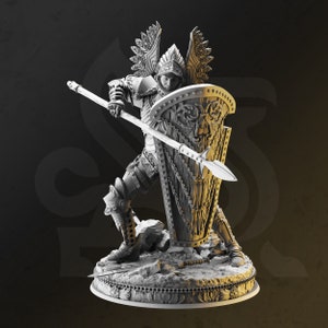 May include: A white painted miniature figurine of a warrior with feathered wings, holding a spear and a shield with intricate details. The figurine is posed in a dynamic stance, ready for battle.