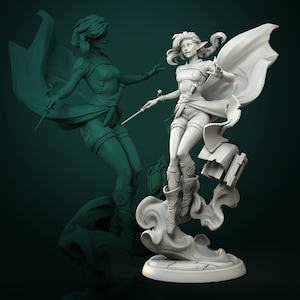 May include: A white painted figurine of a female elf with pointed ears, wearing a short skirt and boots, holding a staff and a book. She is standing on a cloud-like base with a flowing cape.