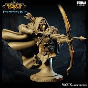 May include: A detailed, painted figurine of a character from the Uncharted Kingdoms: The Shining Flow game. The character is a male archer wearing a hooded cloak and fur-lined armor, holding a bow and arrow. The figurine is mounted on a circular base.
