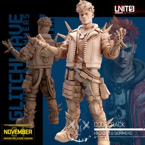 May include: A 3D printed figurine of a cyberpunk character with a spiked jacket, a belt with pouches, and a futuristic weapon. The character has a mohawk hairstyle and a scar on their face. The figurine is painted in a beige color. The text "Codecrack Hackers & Skimmers" is visible in the image.