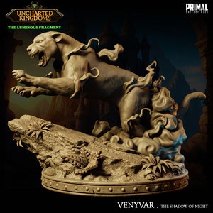 May include: A detailed, gray, sculpted figurine of a panther leaping from a rock, engulfed in flames. The figurine is part of the Uncharted Kingdoms: The Luminous Fragment collection. The text "VENYVAR - THE SHADOW OF NIGHT" is at the bottom of the image.