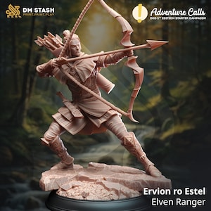 May include: A 3D printed miniature of an Elven Ranger, holding a bow and arrow, standing on a rocky base. The miniature is painted in a light brown color. The text "Ervion ro Estel" and "Elven Ranger" is printed below the miniature.