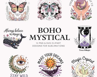 Boho Mystical SVG Bundle Celestial Moon Sun Crystal Clipart Affirmation Designs for Cricut  Silhouette Boho SVG Boho PNG Sublimation Clipart