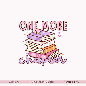 Puede incluir: Un gráfico rosa y morado con el texto "One More Chapter" y una pila de libros con una flor en la parte superior.