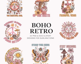 Boho Retro Book Lover SVG PNG Clipart Bundle Vintage Bookish Clipart Celestial Floral Designs Cricut Silhouette Files Aesthetic Digital Art