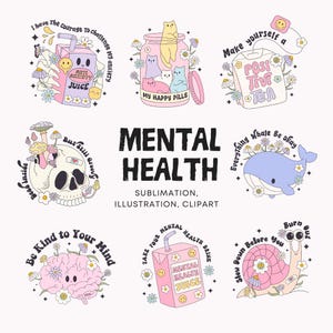 Apoye la salud mental con 12 paquetes de ilustraciones y gráficos PNG, ideales para camisetas, calcomanías de salud mental, productos de positividad PNG