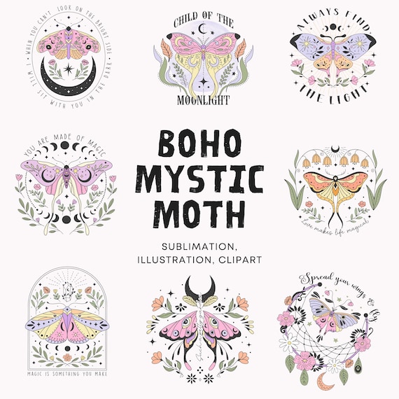 Boho Mystical Moth PNG Boho Moth SVG Sublimation Clipart PNG Boho Bundle Magic and Celestial Mystical Clip Art