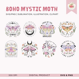 May include: Set of six digital illustrations featuring colorful moth designs with floral elements and inspirational quotes. The quotes include "You are made of magic", "When you can't look on the bright side, fit with you in the dark", "Child of the Moonlight", "Love makes life magical", "Spread your wings to fly", and "Always find the light".
