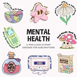 Sublimeringspaket för mental hälsa SVG, söt PNG, självhjälpsbekräftelse SVG, perfekt för T-shirts, klistermärken för mental hälsa, merchandise, positivitet, png